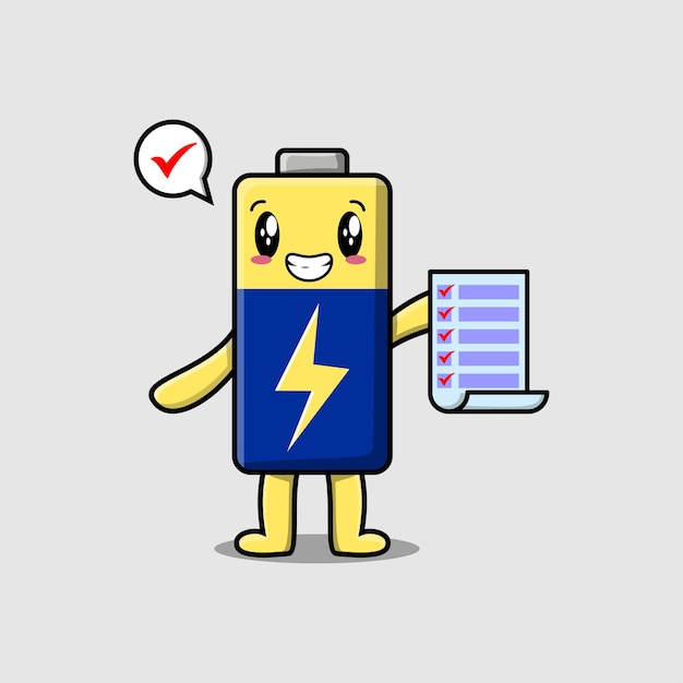 Cute cartoon Battery character holding checklist note in concept flat cartoon style