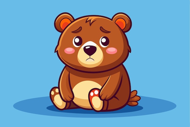 A cute cartoon bear appears tired sitting quietly on a blue backdrop showcasing its adorable features Tired cute cartoon bear