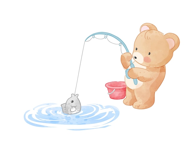 Cute cartoon bear fishing in the pond illustration