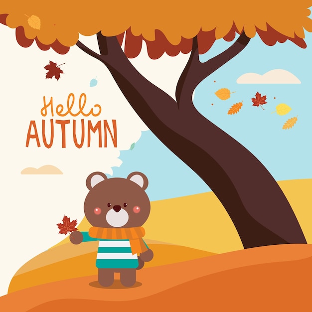 Cute cartoon bear holding leaf say hello autumn card illustration vector design