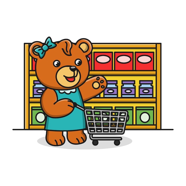 Cute cartoon bear is shopping at the supermarket