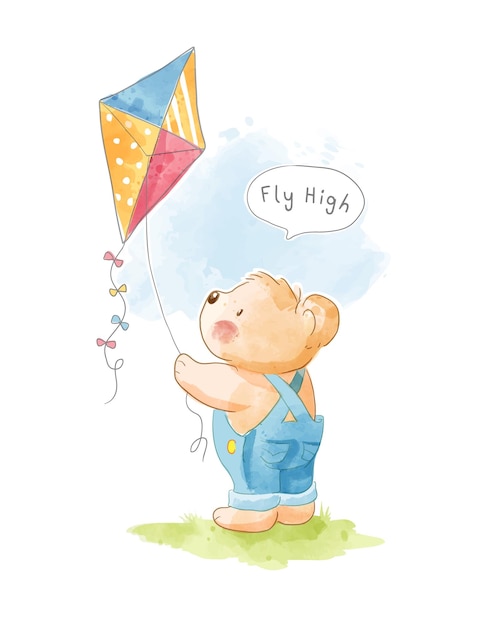 Cute cartoon bear playing kite on the field illustration