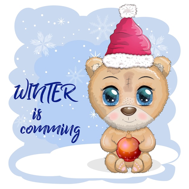 Cute cartoon bear with big eyes in a Christmas hat with a Christmas ball Merry Christmas and New Year