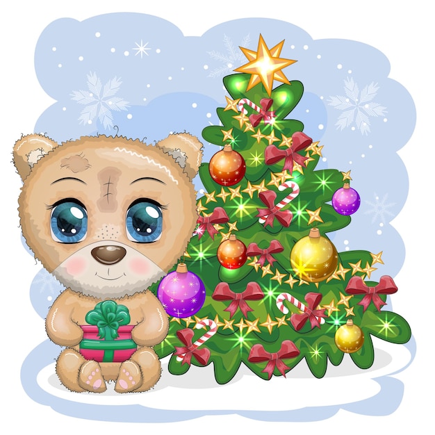 Cute cartoon bear with big eyes and a Christmas present in the legs near a Christmas tree on a winter background