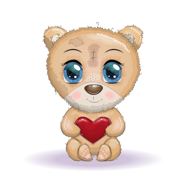 Cute cartoon bear with big eyes and holding a heart in a wreath of flowers