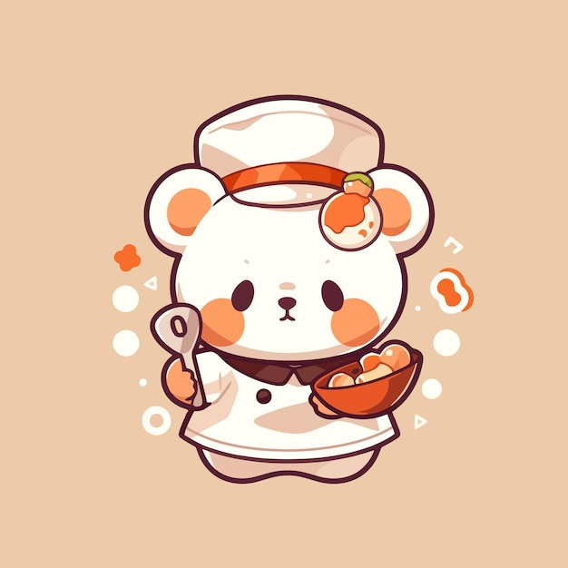 A cute cartoon bear with a chef hat and a plate of food.