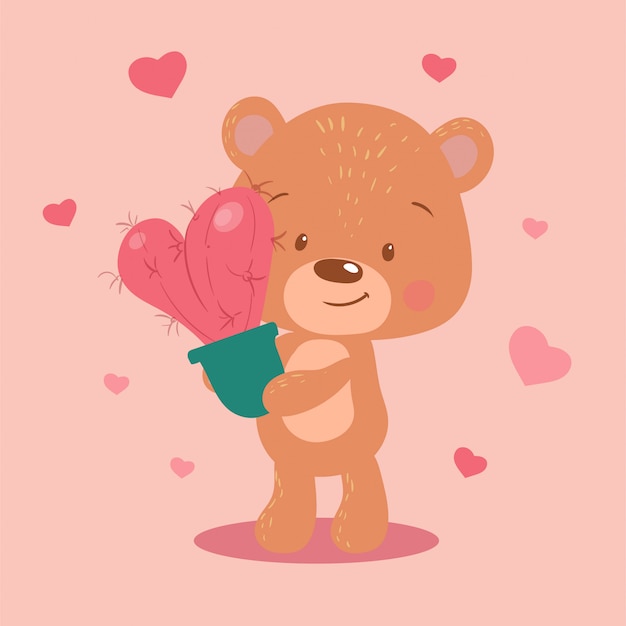 Cute cartoon bear with a heart-shaped cactus