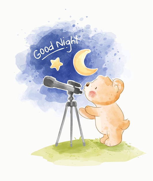 cute cartoon bear with telescope illustration