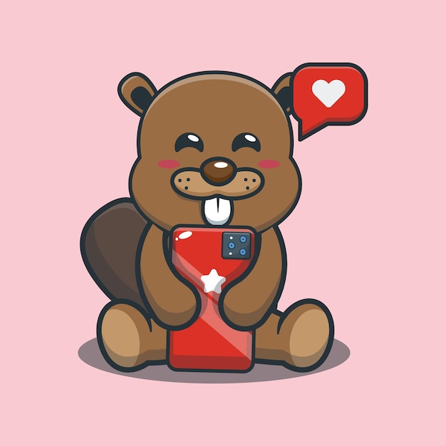 Cute cartoon beaver with mobile phone