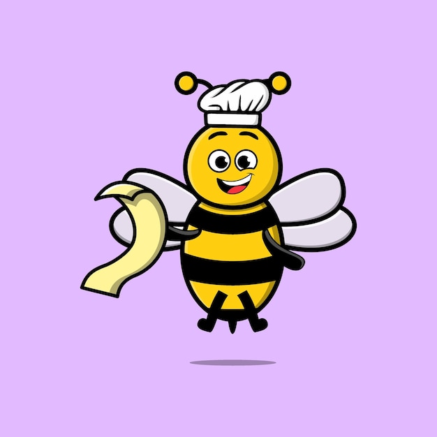 Cute cartoon bee chef character with menu in hand