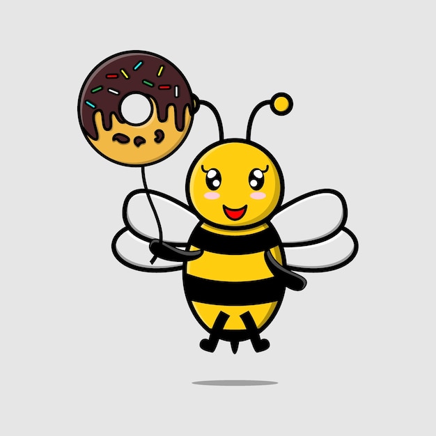 Cute cartoon bee floating with donuts balloon cartoon vector illustration