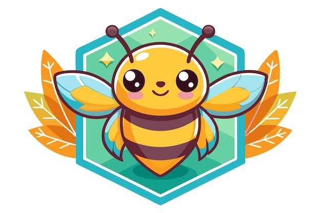 Cute Cartoon Bee with Large Eyes in Hexagon Frame with Leaves