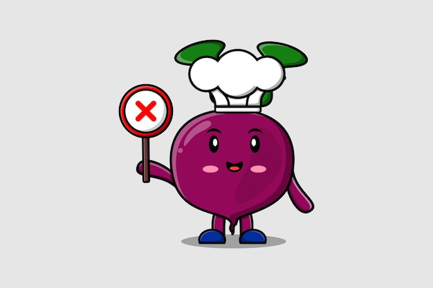 cute cartoon Beetroot chef holding wrong sign board in vector character illustration