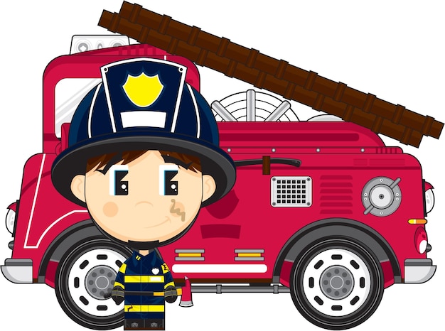 Cute Cartoon Big Head Fireman and Fire Engine Emergency Services Illustration