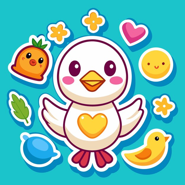 Vector cute cartoon bird with flowers heart and yellow chick on blue background