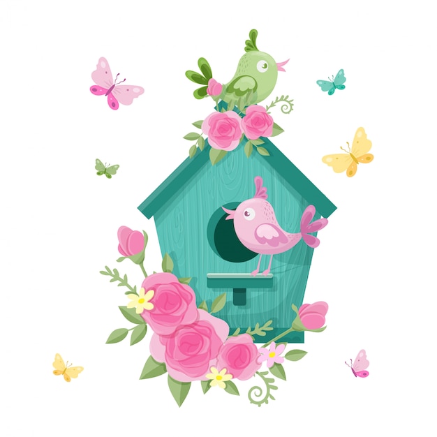 Cute cartoon birdhouse with birds and roses for Valentine's Day.  illustration