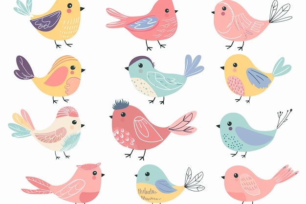 Vector cute cartoon birds set isolated