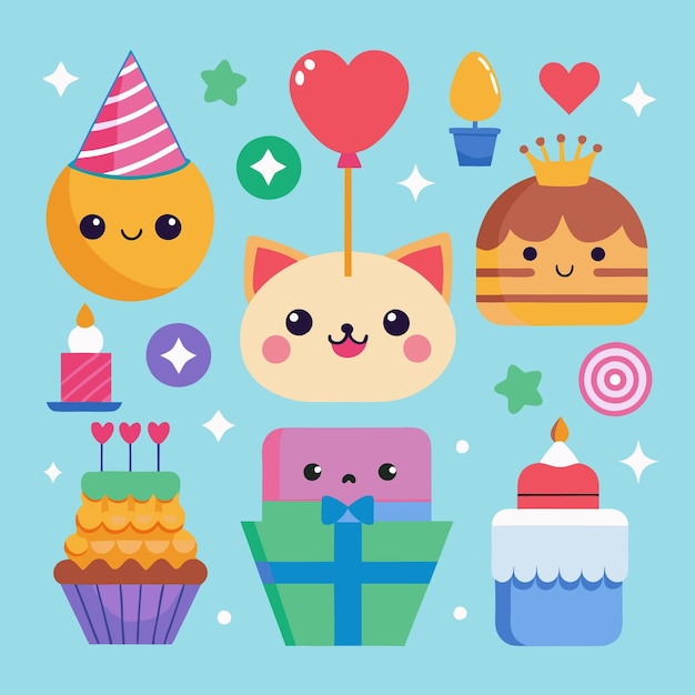 Cute cartoon birthday illustrations with cakes candles a heart balloon and a kitty