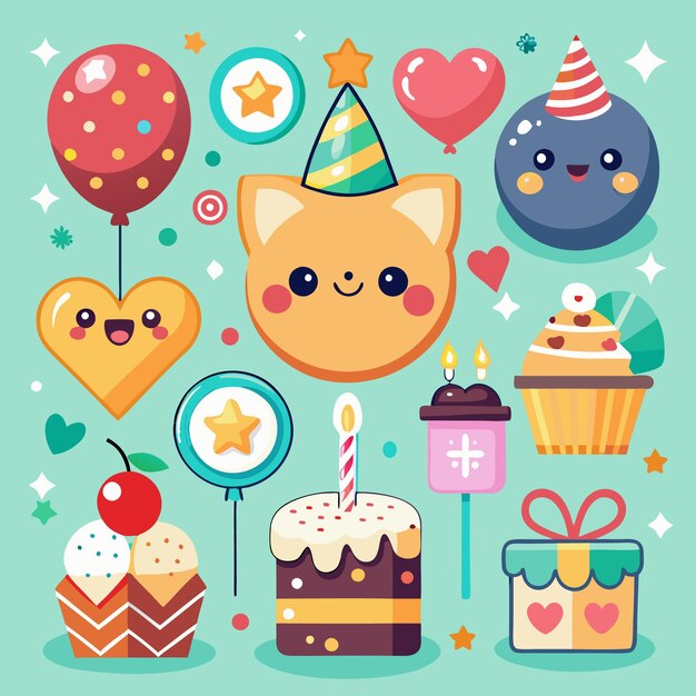 Vector cute cartoon birthday party elements like cakes balloons and gifts