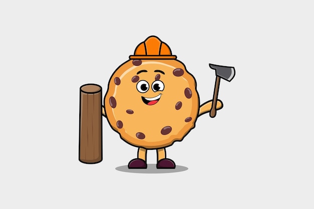 Cute cartoon Biscuits as carpenter character with ax and wood in flat modern style