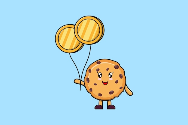 Cute cartoon Biscuits businessman floating with gold coin balloon cartoon vector illustration