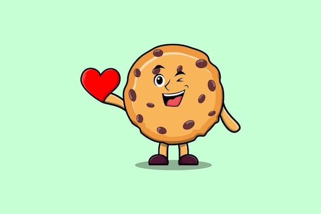 Cute cartoon Biscuits character holding big red heart in modern style design illustration