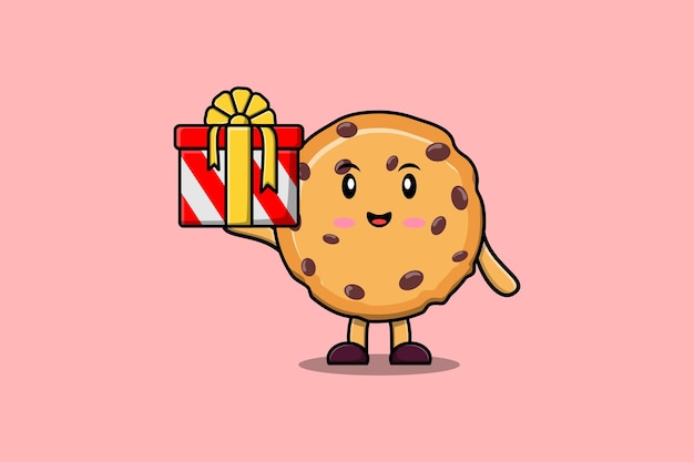 Cute cartoon Biscuits character holding gift box in vector icon illustration