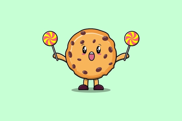 Cute cartoon Biscuits character holding lollipop candy in flat cartoon illustration