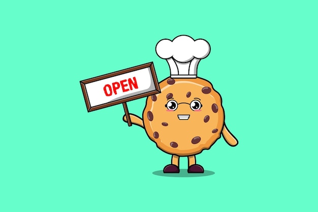 Cute cartoon Biscuits character holding open sign board designs in concept flat cartoon style