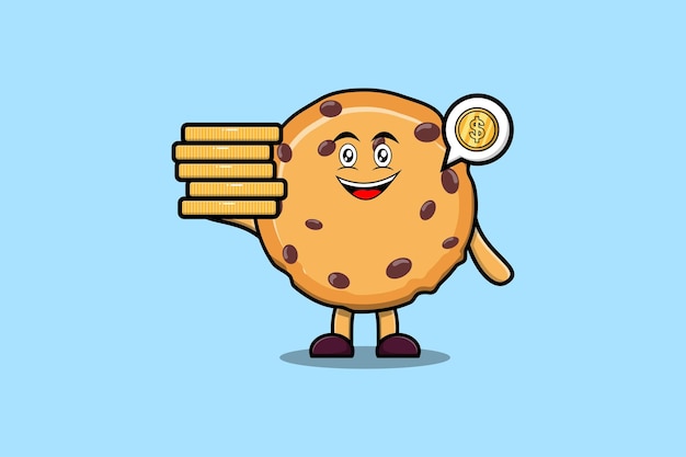 Cute cartoon Biscuits character holding in stacked gold coin vector illustration