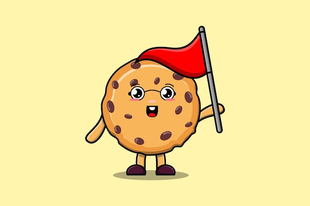 Cute cartoon Biscuits character holding triangle flag in 3d modern design illustration