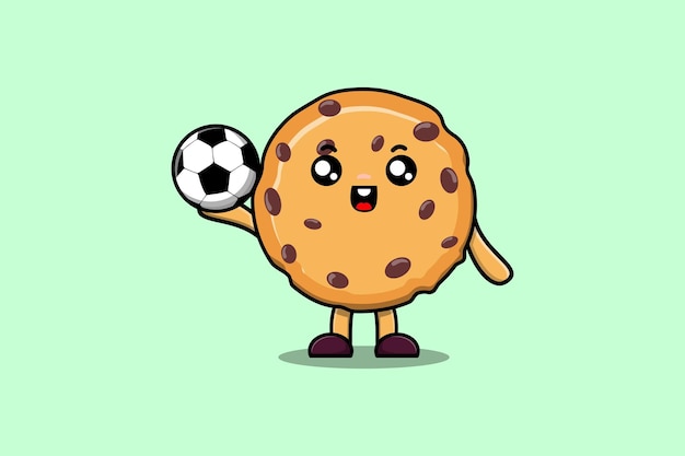 Cute cartoon Biscuits character playing football in flat cartoon style illustration