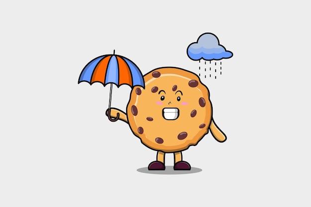 Cute cartoon Biscuits character in the rain and using an umbrella in flat modern style design