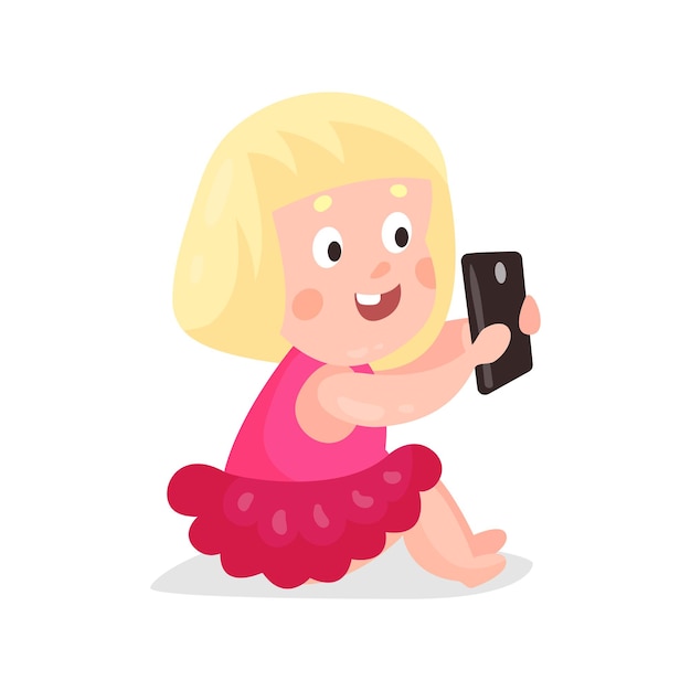 Cute cartoon blonde girl sitting on a floor and playing with smartphone colorful character vector Illustration isolated on a white background