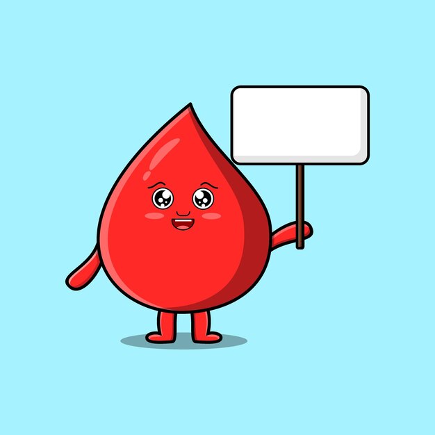 Cute cartoon blood drop character holding blank board in vector cartoon style illustration