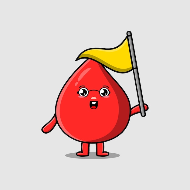 Cute cartoon Blood drop character holding triangle flag in flat modern design