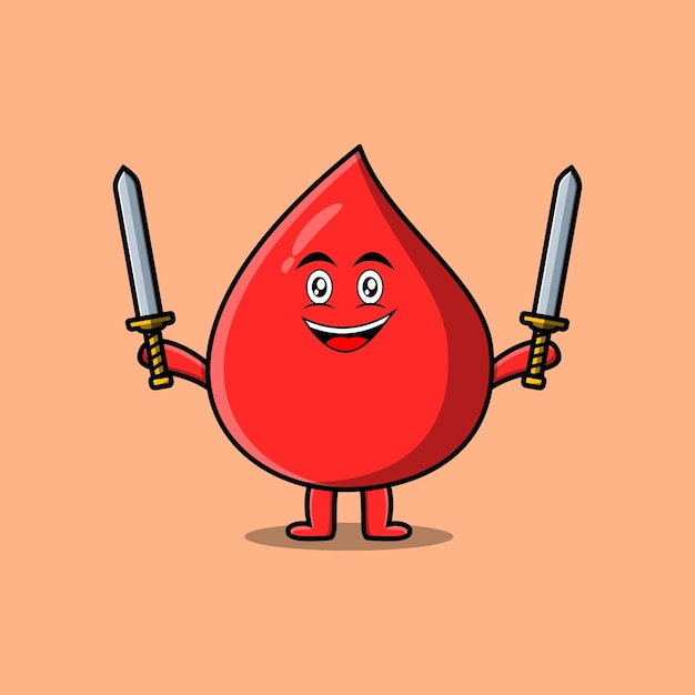 Cute cartoon Blood drop character holding two sword in flat modern design