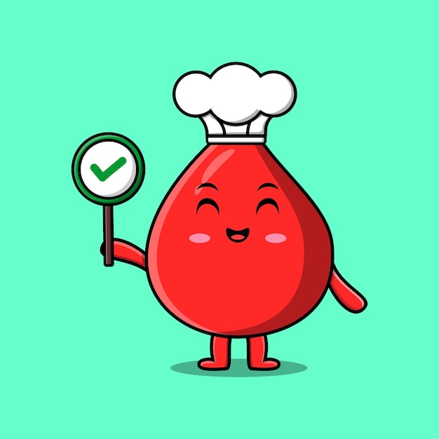 Cute cartoon blood drop chef character holding correct sign board in vector character illustration