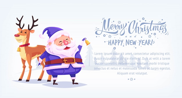 Cute cartoon blue suit Santa Claus ringing bell with reindeer Merry Christmas illustration horizontal banner.