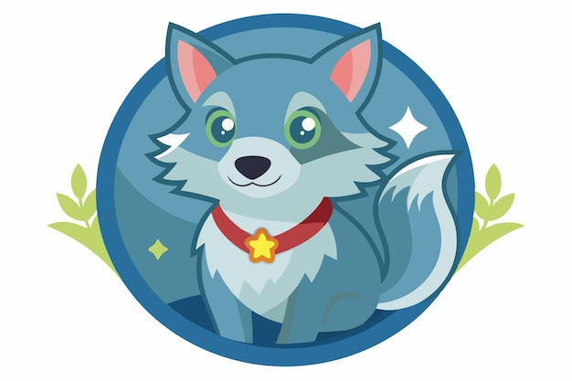 Vector cute cartoon blue wolf with a star on a red collar