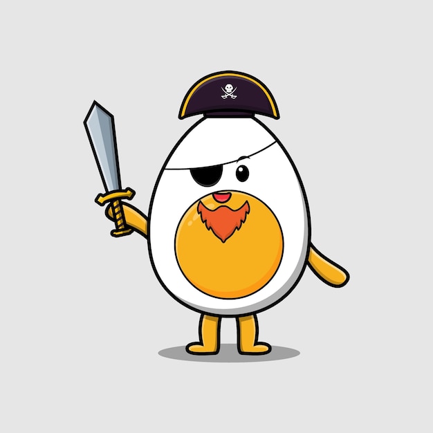 Cute cartoon boiled egg pirate with hat and sword