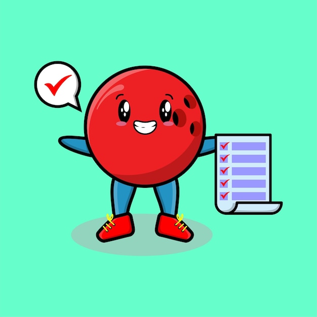 Cute cartoon bowling ball character holding checklist note in concept 3d cartoon style