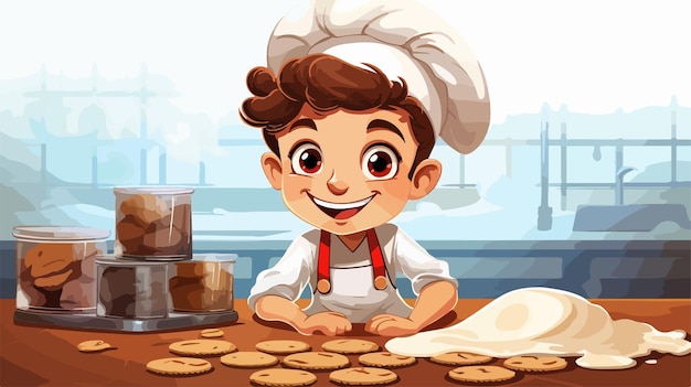 Vector cute cartoon boy baker making cookies in chefs hat