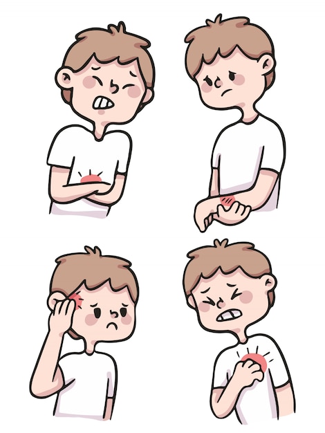 Cute cartoon boy injured, in pain, hurt illustration set