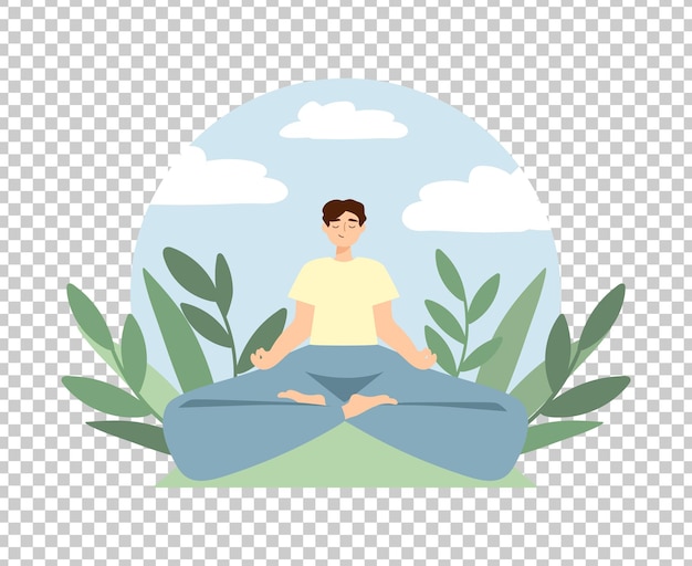 Vector cute cartoon boy sitting in yoga pose with nature background