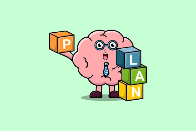 Cute cartoon Brain businessman stacking plan box in flat modern style design