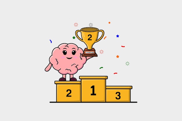 Cute cartoon Brain character as the second winner with happy expression in modern illustration