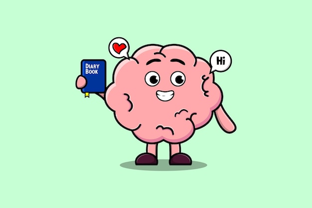 Cute cartoon Brain character holding diary book illustration with happy expression