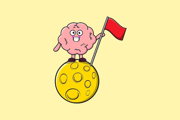 Cute cartoon Brain character standing on the moon with flag in 3d modern design illustration