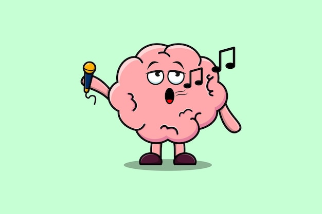 Cute cartoon Brain singer character holding mic in flat modern style design illustrations